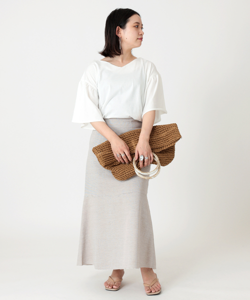 B.C STOCK（ベーセーストック）の「2WAY 綿袖フレアカットブラウス（Tシャツ/カットソー・レディース・ホワイト/サックスブルー・FREE）」の3枚目の写真