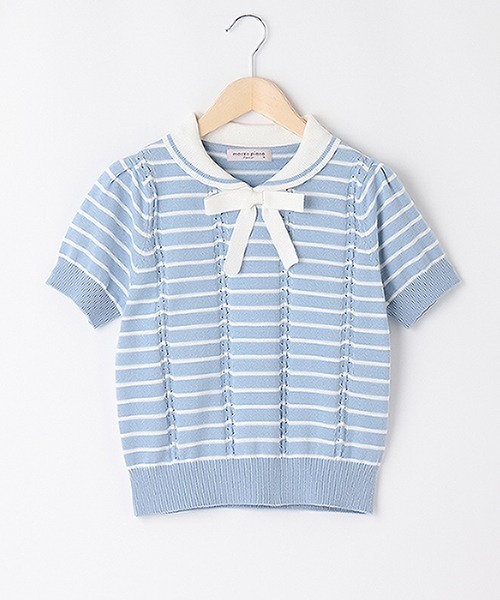 mezzo piano Junior(メゾピアノジュニア)の「セーラー半袖ニット(ニット/セーター・キッズ・ライトブルー/オフホワイト・L/M/S)」の1枚目の写真