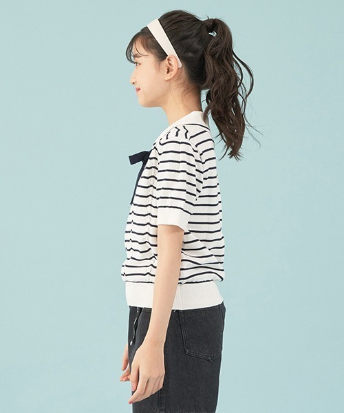 mezzo piano Junior(メゾピアノジュニア)の「セーラー半袖ニット(ニット/セーター・キッズ・ライトブルー/オフホワイト・L/M/S)」の14枚目の写真