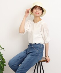 Cutie Blonde | 袖レースがさりげないお洒落ポイント コットンレースTシャツ(Tシャツ/カットソー)
