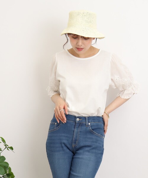 Cutie Blonde（キューティーブロンド）の「◆袖レースがさりげないお洒落ポイント コットンレースTシャツ（Tシャツ/カットソー・レディース・ダークグリーン/ブラック/ホワイト系・00）」の6枚目の写真