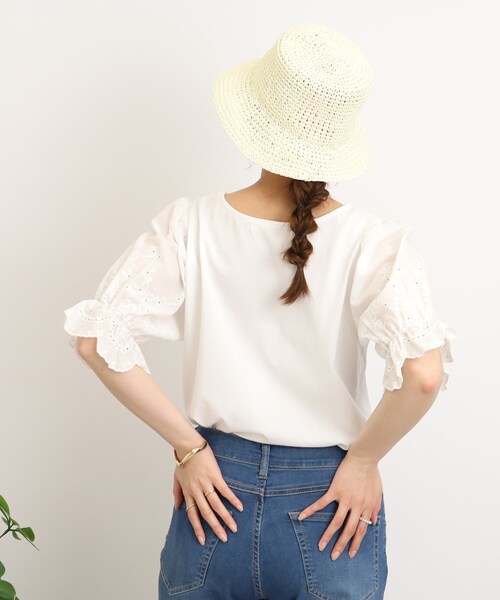 Cutie Blonde（キューティーブロンド）の「◆袖レースがさりげないお洒落ポイント コットンレースTシャツ（Tシャツ/カットソー・レディース・ダークグリーン/ブラック/ホワイト系・00）」の8枚目の写真