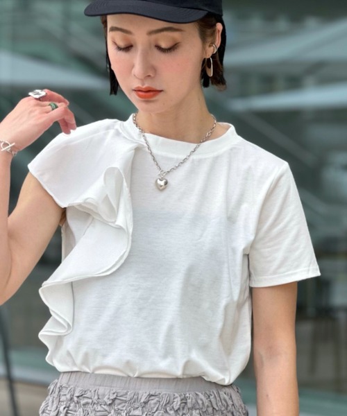 アシメショルダーフリルTシャツ（Tシャツ/カットソー）｜deux