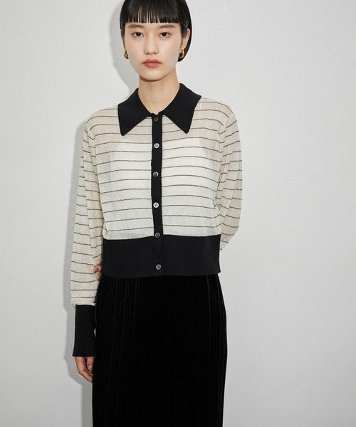 ADAM ET ROPE'（アダムエロペ）の「シアーボーダーカーディガン（カーディガン/ボレロ・レディース・サックスブルー/オフホワイト・FREE）」の2枚目の写真