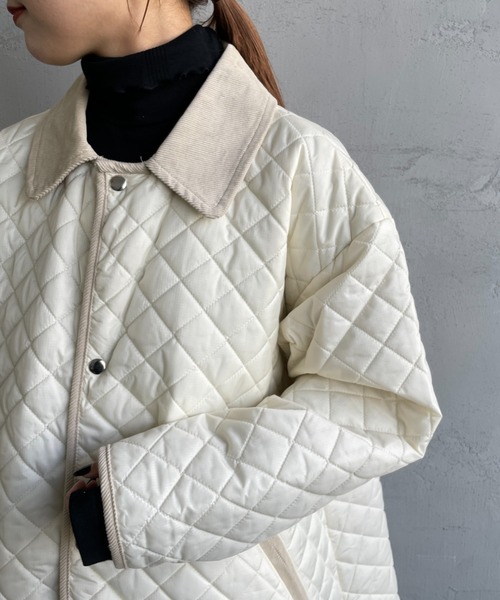 UNIVERSAL OVERALL（ユニバーサルオーバーオール）の「[UNIVERSAL OVERALL/ユニバーサルオーバーオール] 別注 衿コーデュロイ Aラインキルティングコート（ミリタリージャケット・レディース・オリーブ/アイボリー/ブラック・F）」の20枚目の写真