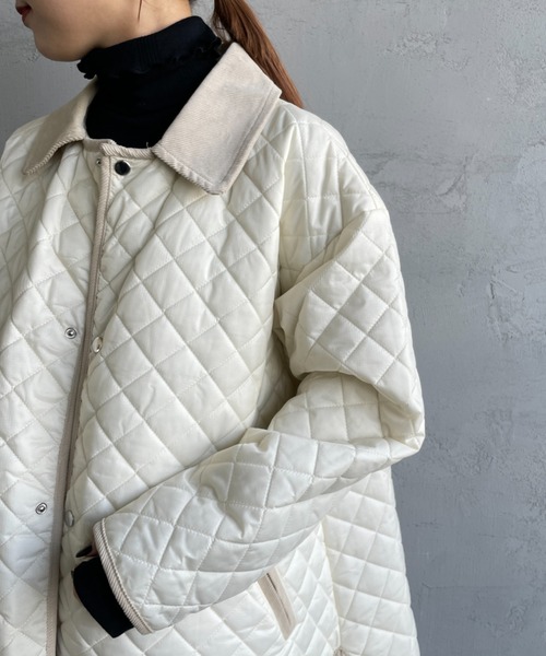 UNIVERSAL OVERALL（ユニバーサルオーバーオール）の「[UNIVERSAL OVERALL/ユニバーサルオーバーオール] 別注 衿コーデュロイ Aラインキルティングコート（ミリタリージャケット・レディース・オリーブ/アイボリー/ブラック・F）」の12枚目の写真