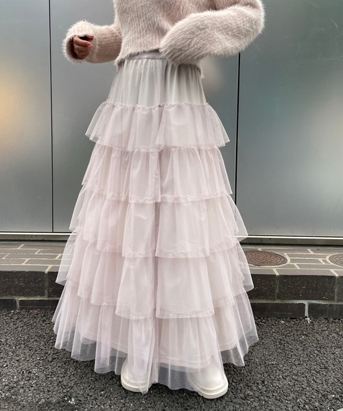 one after another NICE CLAUP（ワンアフターアナザーナイスクラップ）の「ティアードチュールスカート（スカート・レディース・ピンク/チャコールグレー/アイボリー・FREE）」の3枚目の写真