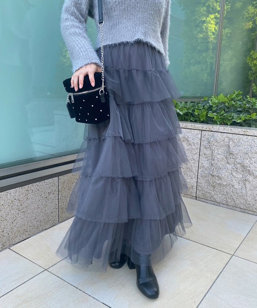 one after another NICE CLAUP（ワンアフターアナザーナイスクラップ）の「ティアードチュールスカート（スカート・レディース・ピンク/チャコールグレー/アイボリー・FREE）」の2枚目の写真