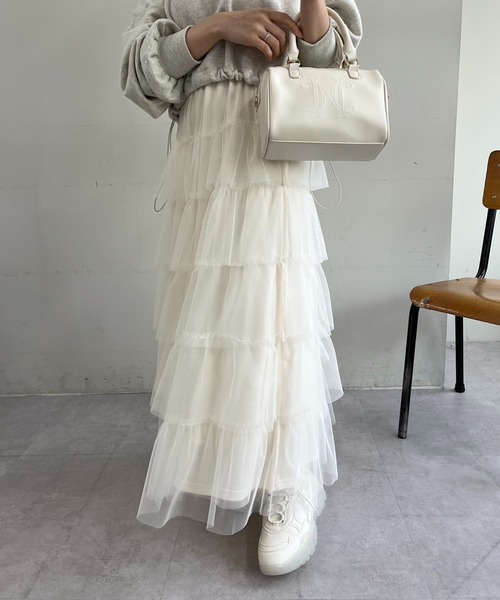 one after another NICE CLAUP（ワンアフターアナザーナイスクラップ）の「ティアードチュールスカート（スカート・レディース・ピンク/チャコールグレー/アイボリー・FREE）」の6枚目の写真
