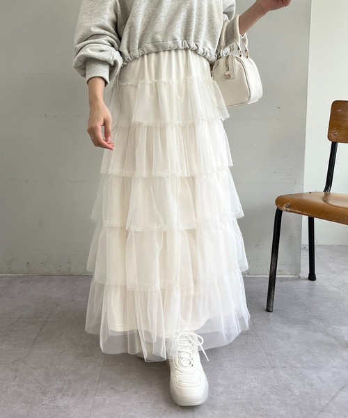 one after another NICE CLAUP（ワンアフターアナザーナイスクラップ）の「ティアードチュールスカート（スカート・レディース・ピンク/チャコールグレー/アイボリー・FREE）」の7枚目の写真