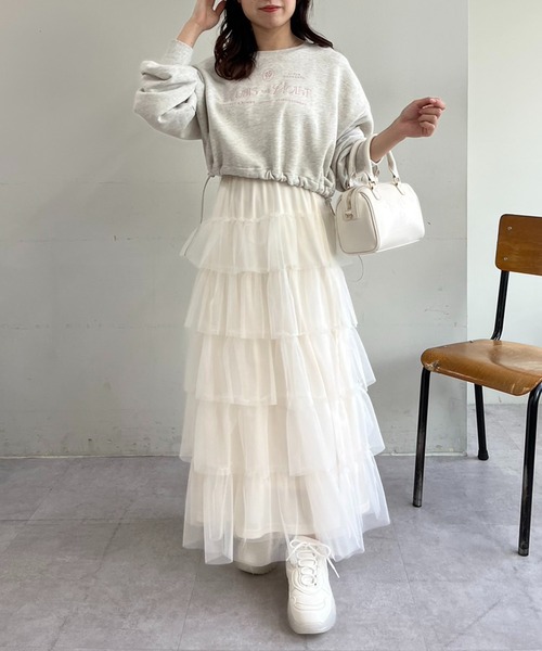 one after another NICE CLAUP（ワンアフターアナザーナイスクラップ）の「ティアードチュールスカート（スカート・レディース・ピンク/チャコールグレー/アイボリー・FREE）」の5枚目の写真