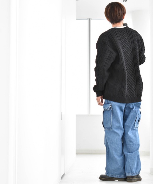 Ritzy（リッツィー）の「アラン編みニットルーズVネックカーディガン レディース メンズ（カーディガン/ボレロ・メンズ・ブラック/ブラウン/グリーン/ライトベージュ・LARGE/X-LARGE/MEDIUM）」の7枚目の写真