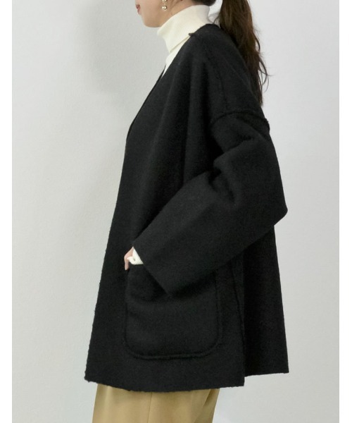 Re:EDIT（リエディ）の「[2WAY]リバーシブルフェイクウールorシープライクボアノーカラーミドルコート（ノーカラージャケット・レディース・モカ/ブラック/グレー/ライトベージュ・MEDIUM/LARGE）」の5枚目の写真