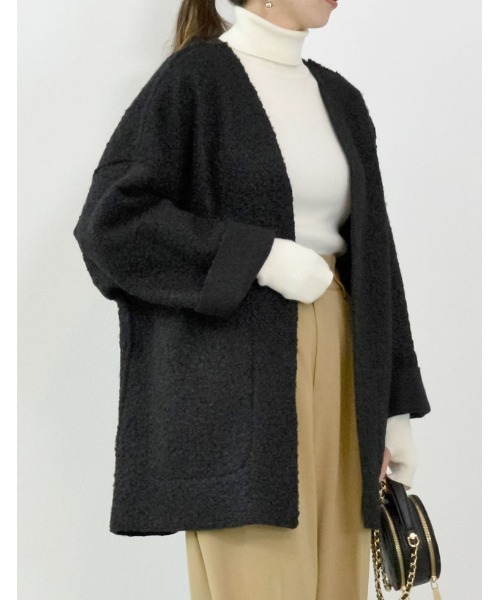 Re:EDIT（リエディ）の「[2WAY]リバーシブルフェイクウールorシープライクボアノーカラーミドルコート（ノーカラージャケット・レディース・モカ/ブラック/グレー/ライトベージュ・MEDIUM/LARGE）」の8枚目の写真