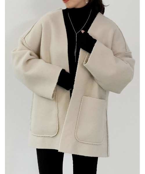 Re:EDIT（リエディ）の「[2WAY]リバーシブルフェイクウールorシープライクボアノーカラーミドルコート（ノーカラージャケット・レディース・モカ/ブラック/グレー/ライトベージュ・MEDIUM/LARGE）」の10枚目の写真