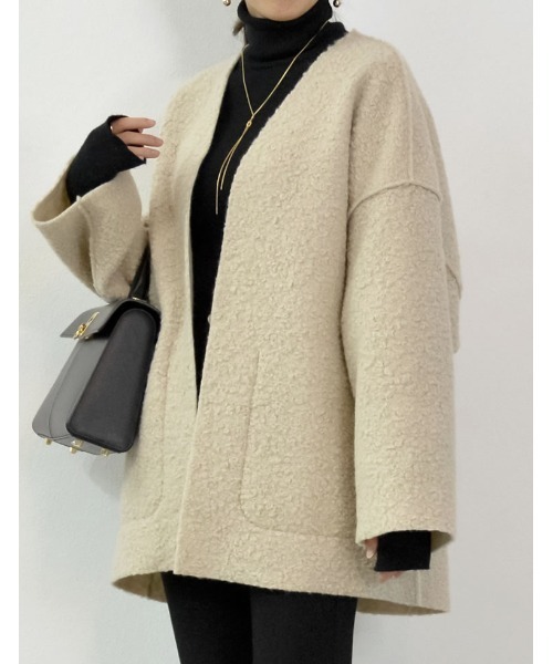 Re:EDIT（リエディ）の「[2WAY]リバーシブルフェイクウールorシープライクボアノーカラーミドルコート（ノーカラージャケット・レディース・モカ/ブラック/グレー/ライトベージュ・MEDIUM/LARGE）」の14枚目の写真