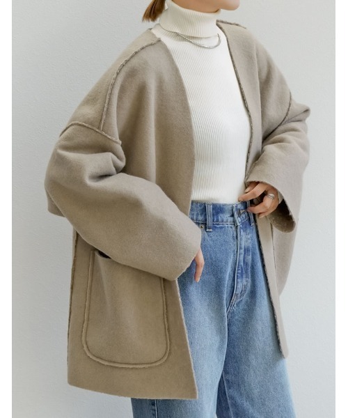 Re:EDIT（リエディ）の「[2WAY]リバーシブルフェイクウールorシープライクボアノーカラーミドルコート（ノーカラージャケット・レディース・モカ/ブラック/グレー/ライトベージュ・MEDIUM/LARGE）」の17枚目の写真