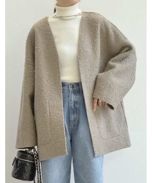 Re:EDIT（リエディ）の「[2WAY]リバーシブルフェイクウールorシープライクボアノーカラーミドルコート（ノーカラージャケット・レディース・モカ/ブラック/グレー/ライトベージュ・MEDIUM/LARGE）」の19枚目の写真