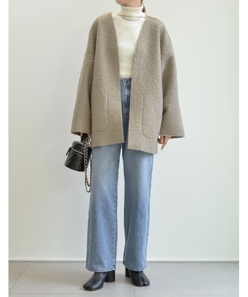 Re:EDIT（リエディ）の「[2WAY]リバーシブルフェイクウールorシープライクボアノーカラーミドルコート（ノーカラージャケット・レディース・モカ/ブラック/グレー/ライトベージュ・MEDIUM/LARGE）」の20枚目の写真