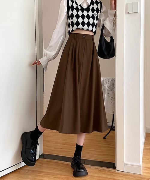 Amulet（アミュレット）の「ミモレ丈タックスカート（スカート・レディース・ベージュ/ブラック/ブラウン/ネイビー・L/M/XL）」の6枚目の写真
