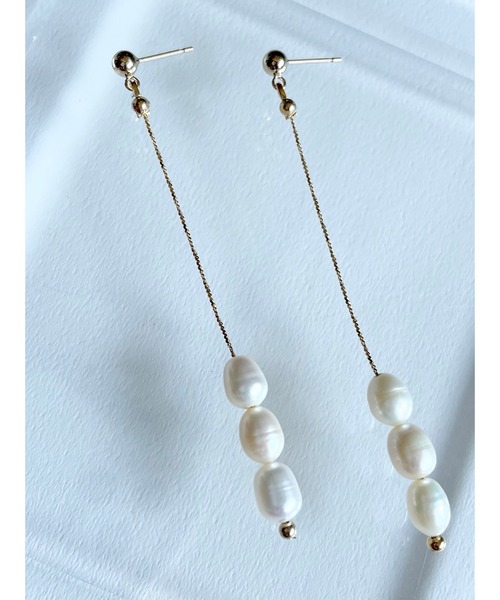 NoY.ノイ』淡水パールピアス シンプルロングピアス 14金ゴールド