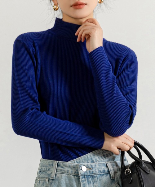 美品✨トリココムデギャルソン セーター リブニット クロップド丈 ハイネック 紺 セール】レディース タートルネックリブニットセータートップス 春秋冬