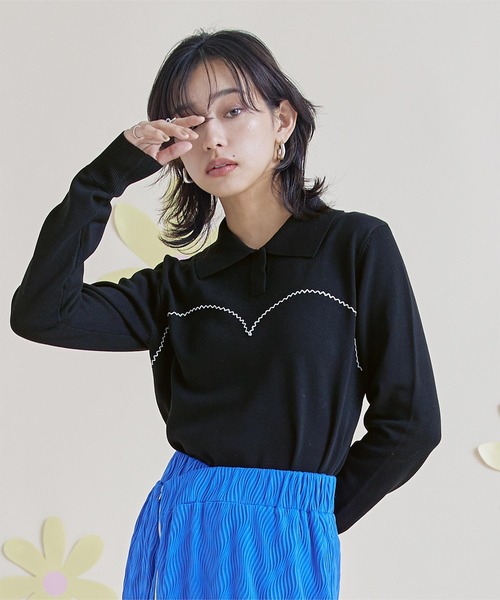 miette(ミエット)の「ジグザグステッチポロニット(ニット/セーター・レディース・オフホワイト/ブラック/ライトブルー/ピンク・FREE)」の3枚目の写真