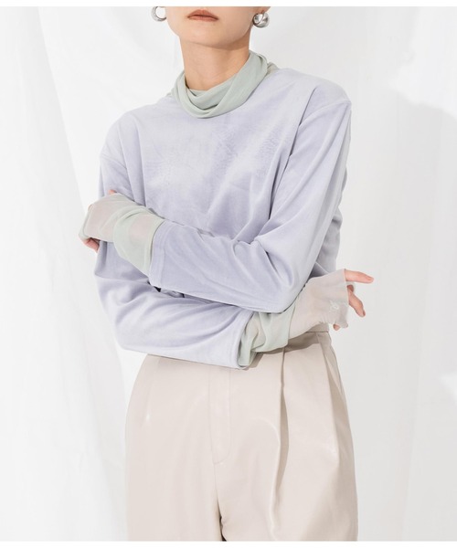 Settimissimo（セッティミッシモ）の「ベロア×シアーレイヤード タートルネック プルオーバー 長袖（Tシャツ/カットソー・レディース・オフホワイト/グレー/ブラック・FREE）」の3枚目の写真