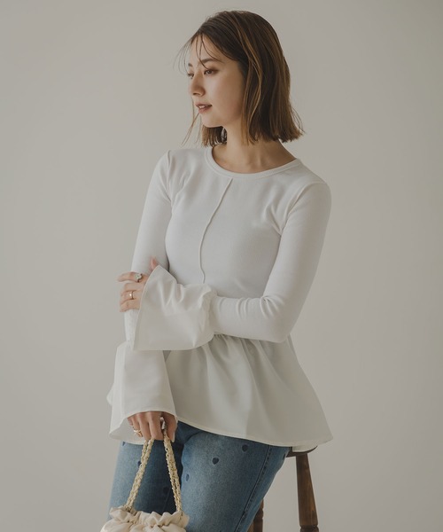 rectangle（レクタングル）の「フレアスリーブペプラムカットソー（Tシャツ/カットソー・レディース・オフホワイト/ブラック・FREE）」の4枚目の写真