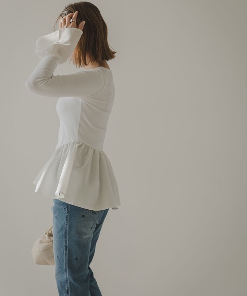 rectangle（レクタングル）の「フレアスリーブペプラムカットソー（Tシャツ/カットソー・レディース・オフホワイト/ブラック・FREE）」の6枚目の写真