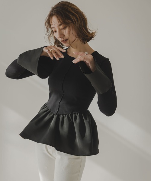 rectangle（レクタングル）の「フレアスリーブペプラムカットソー（Tシャツ/カットソー・レディース・オフホワイト/ブラック・FREE）」の12枚目の写真