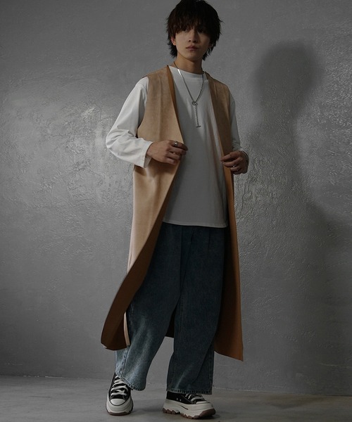MinoriTY(マイノリティ)の「【MinoriTY】リバーシブルスウェードロングべスト ジレ メンズ カーディガン オーバーサイズ ノースリーブ ビッグシルエット ルーズフィット 秋服(ベスト・メンズ・ベージュ/チャコール/ブラック・S/M/L)」の6枚目の写真