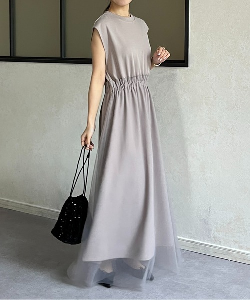 Thevon（ゼボン）の「チュールドッキングポンチノースリワンピース（ワンピース・レディース・ライム/アイボリー/ブラック/グレー・FREE）」の4枚目の写真