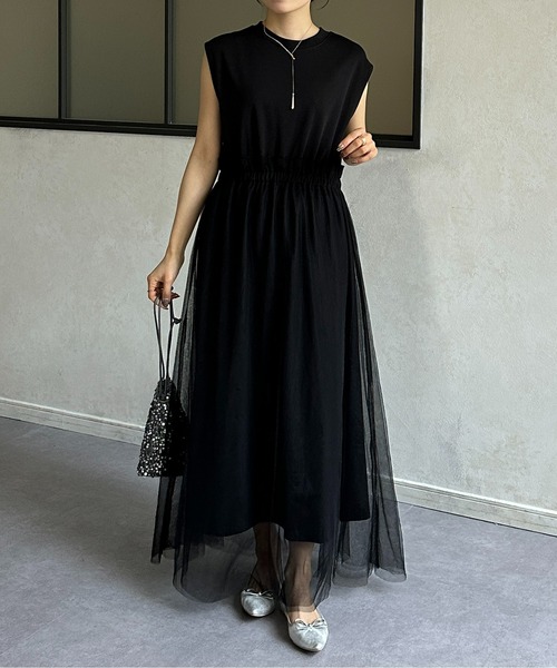 Thevon（ゼボン）の「チュールドッキングポンチノースリワンピース（ワンピース・レディース・ライム/アイボリー/ブラック/グレー・FREE）」の3枚目の写真