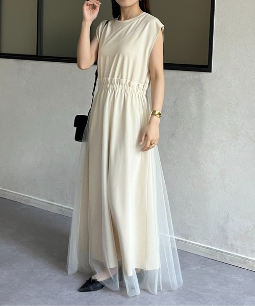 Thevon（ゼボン）の「チュールドッキングポンチノースリワンピース（ワンピース・レディース・ライム/アイボリー/ブラック/グレー・FREE）」の6枚目の写真