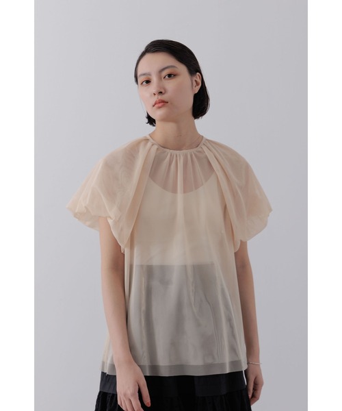 美品 ベージュ トップス 長袖 チュール プリント 未使用 セール】シアチュールトップス（Tシャツ/カットソー）｜Limue