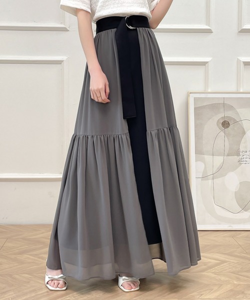ECLIN(エクラン)の「レイヤードラッフル異素材ロングフレアスカート(スカート・レディース・チャコールグレー/ブルーグレー/ベージュ/ブラック・S/L/M)」の3枚目の写真