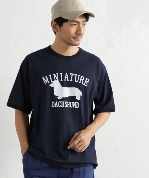 FOUND GOOD(ファウンドグッド)の「リンガーDogプリントT(Tシャツ/カットソー・メンズ・ネイビー/ホワイト系5/ピンク系2・L/XL/S/M)」の1枚目の写真