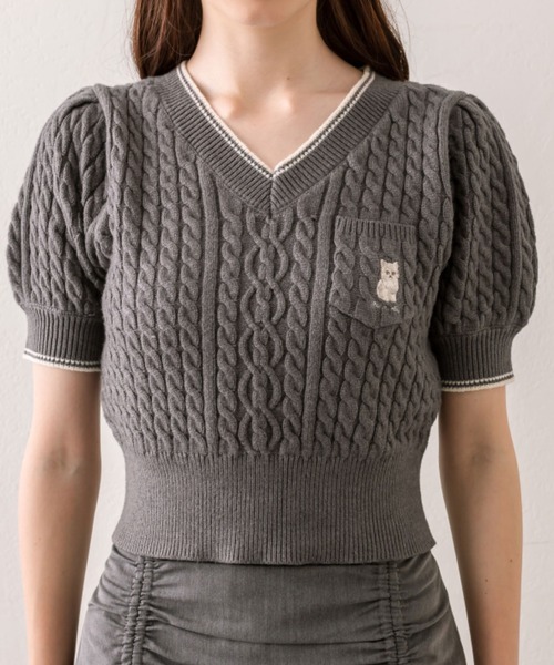 OLIVE des OLIVE（オリーブデオリーブ）の「ねこ刺繍ケーブル半袖ニット（ニット/セーター・レディース・ブラウン/サックスブルー/チャコールグレー/オフホワイト・FREE）」の18枚目の写真