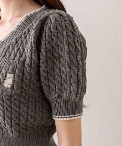 OLIVE des OLIVE（オリーブデオリーブ）の「ねこ刺繍ケーブル半袖ニット（ニット/セーター・レディース・ブラウン/サックスブルー/チャコールグレー/オフホワイト・FREE）」の12枚目の写真