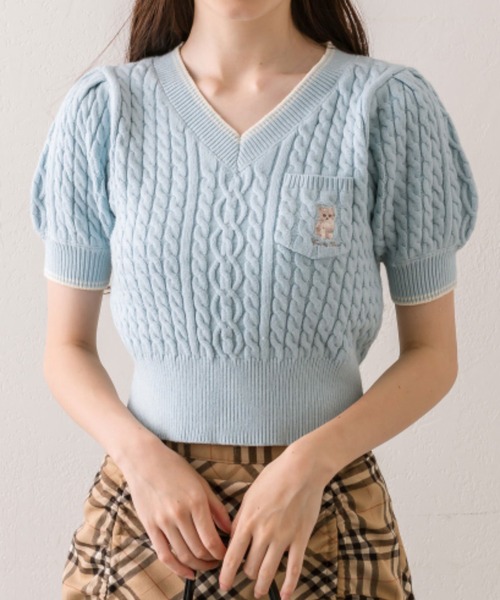OLIVE des OLIVE（オリーブデオリーブ）の「ねこ刺繍ケーブル半袖ニット（ニット/セーター・レディース・ブラウン/サックスブルー/チャコールグレー/オフホワイト・FREE）」の15枚目の写真