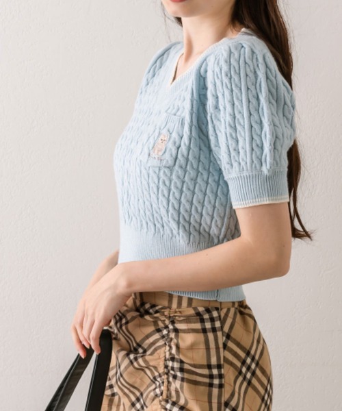 OLIVE des OLIVE（オリーブデオリーブ）の「ねこ刺繍ケーブル半袖ニット（ニット/セーター・レディース・ブラウン/サックスブルー/チャコールグレー/オフホワイト・FREE）」の16枚目の写真