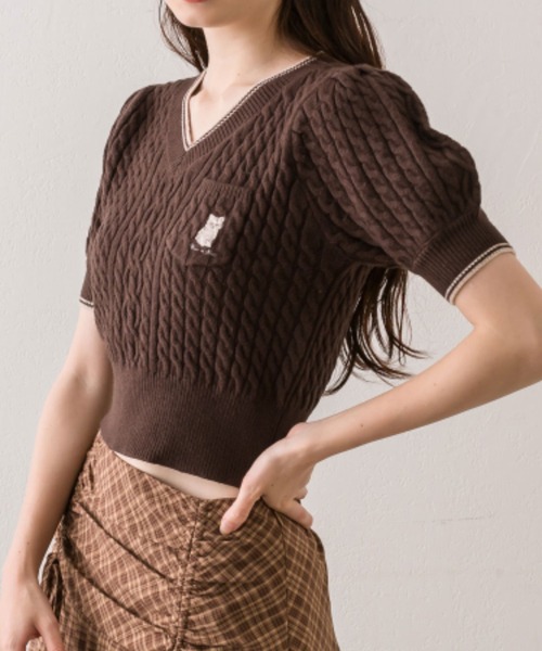 OLIVE des OLIVE（オリーブデオリーブ）の「ねこ刺繍ケーブル半袖ニット（ニット/セーター・レディース・ブラウン/サックスブルー/チャコールグレー/オフホワイト・FREE）」の21枚目の写真