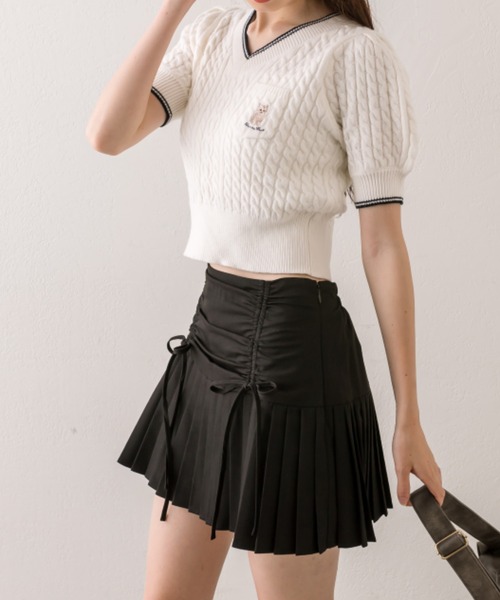 OLIVE des OLIVE（オリーブデオリーブ）の「ねこ刺繍ケーブル半袖ニット（ニット/セーター・レディース・ブラウン/サックスブルー/チャコールグレー/オフホワイト・FREE）」の6枚目の写真