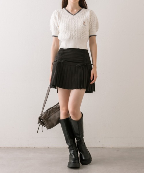 OLIVE des OLIVE（オリーブデオリーブ）の「ねこ刺繍ケーブル半袖ニット（ニット/セーター・レディース・ブラウン/サックスブルー/チャコールグレー/オフホワイト・FREE）」の7枚目の写真