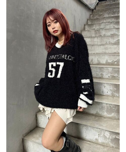 EVRIS（エヴリス）の「シャギーユニフォームミニニットワンピース（ニット/セーター・レディース・ブラック/ネイビー・FREE）」の16枚目の写真