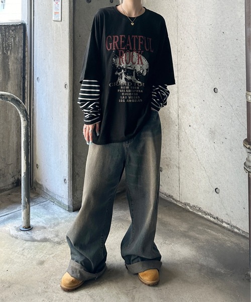 XLARGE フロントロゴ レイヤード風 ロンT デニムにぴったり◎ セール】【OP:オーピー】レディースレイヤード風ロングTシャツ