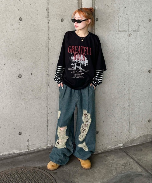 XLARGE フロントロゴ レイヤード風 ロンT デニムにぴったり◎ セール】【OP:オーピー】レディースレイヤード風ロングTシャツ