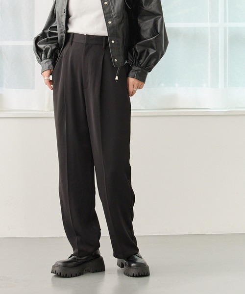 【着用画像あり】黒スラックス ベルト付き テーパード ウォッシャブル】スラックス ワンタック テーパードパンツ