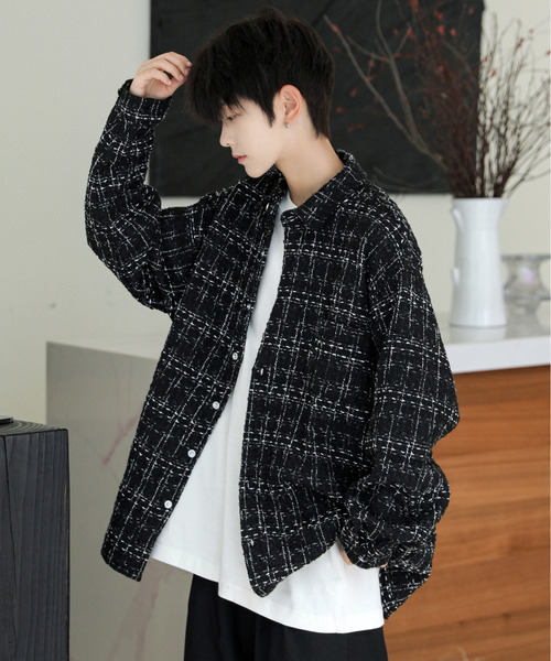 neos（ネオス）の「【neos】ルーズシルエット ツイード チェック ロングスリーブ シャツ ジャケット（シャツ/ブラウス・メンズ・ホワイト/ブラック・LARGE/MEDIUM/X-LARGE）」の3枚目の写真